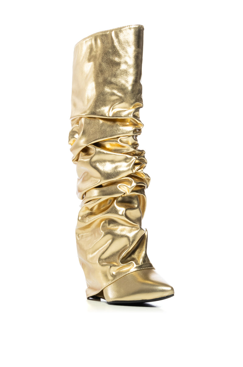 Back View Azalea Wang Zumma Gold Ruched Wedge Boot