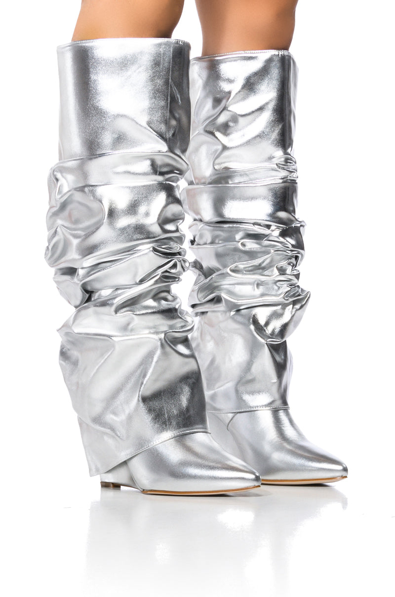 Front View Azalea Wang Zumma Silver Ruched Wedge Boot