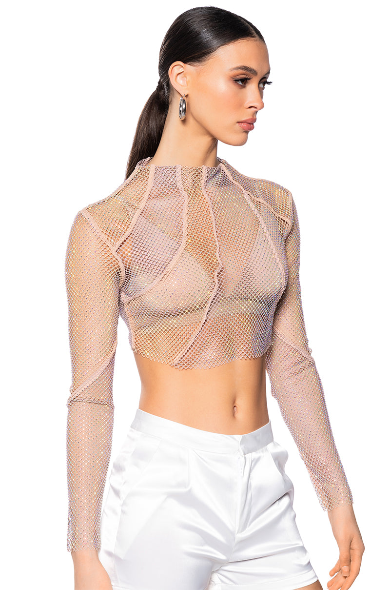 Side View Azaria Rhinestone Mesh Top