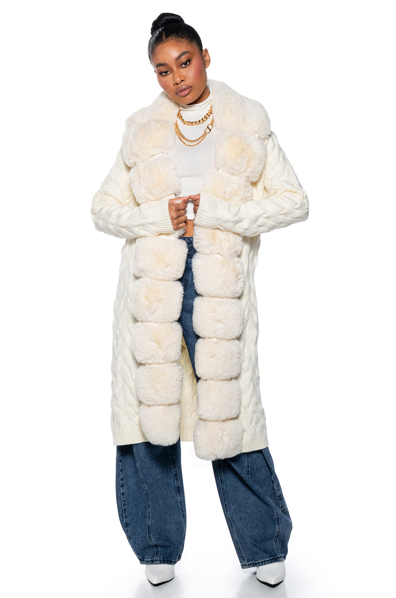Front View Babbs Knit Trench With Faux Fur Lining