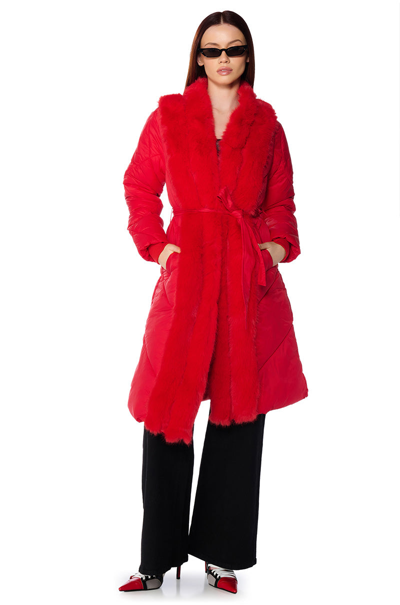 BABBS PUFFER COAT WITH FAUX FUR TRIM IN RED view 0