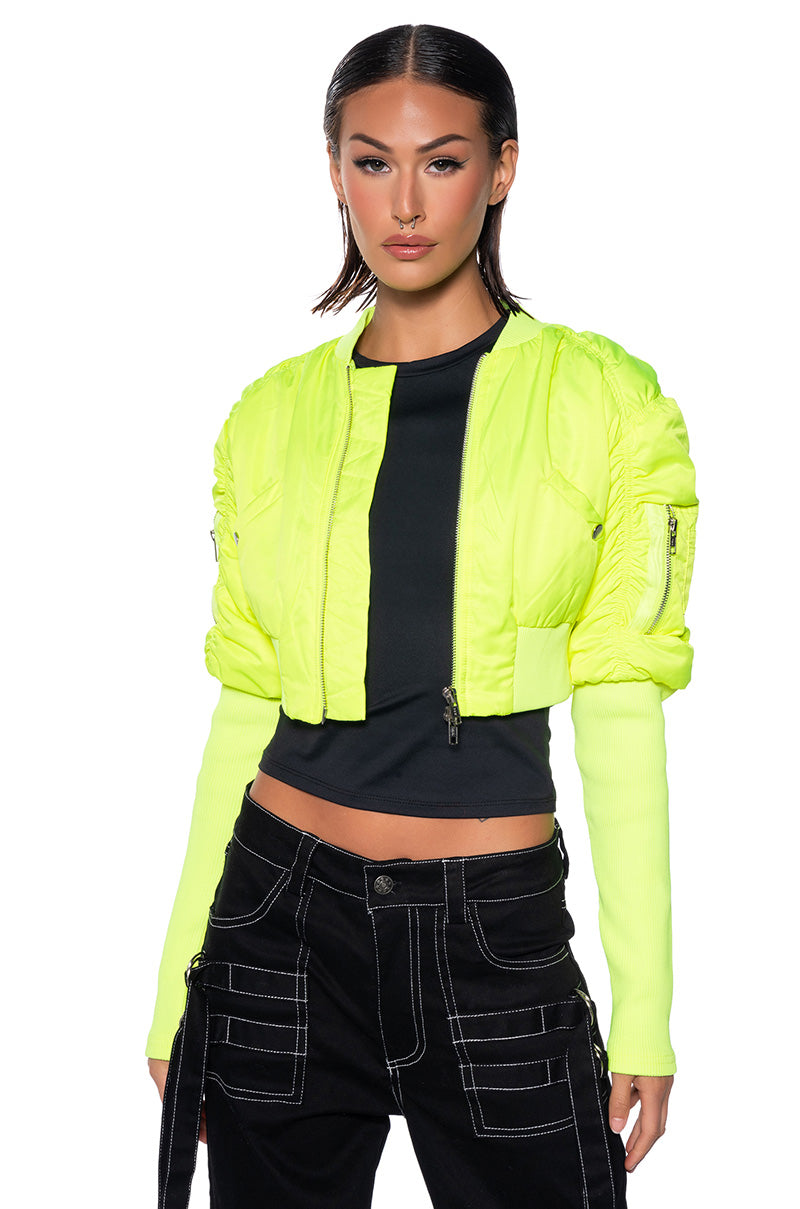BABBS SKINNY ARM BOMBER JACKET IN NEON YELLOW view 0