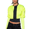 Front View Babbs Skinny Arm Bomber Jacket In Neon Yellow