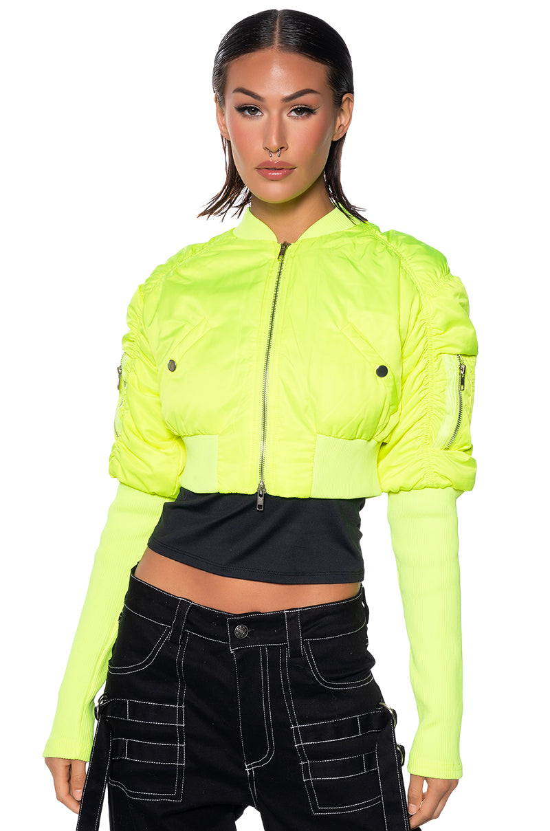Side View Babbs Skinny Arm Bomber Jacket In Neon Yellow