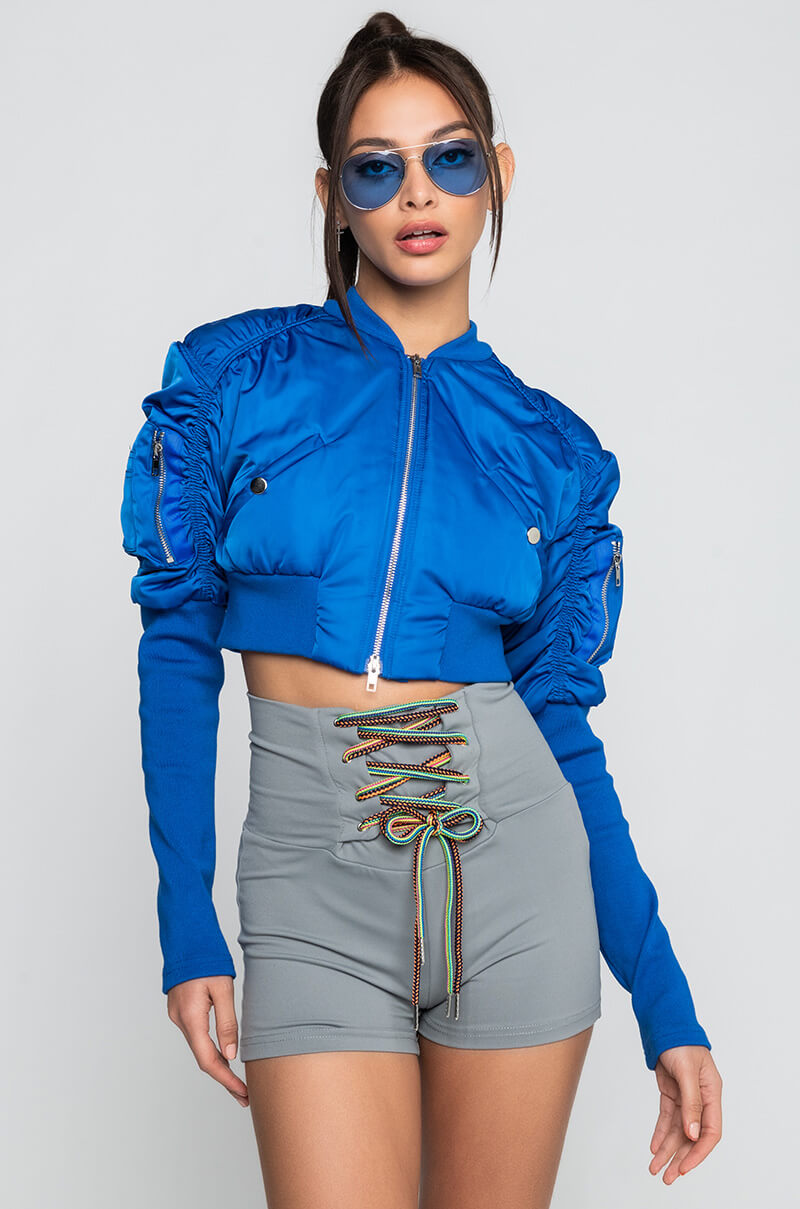 Front View Babbs Skinny Arm Bomber Jacket in Blue