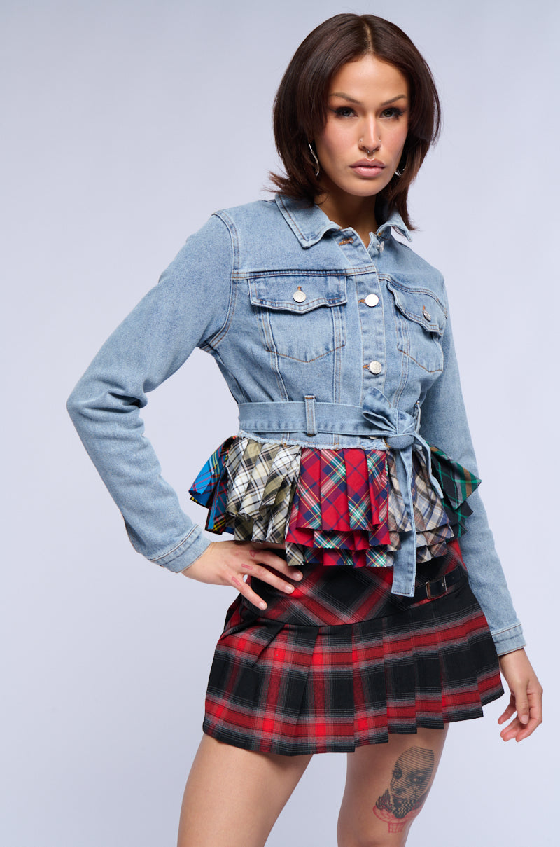 Back View Baby Girl Plaid Peplum Denim Jacket