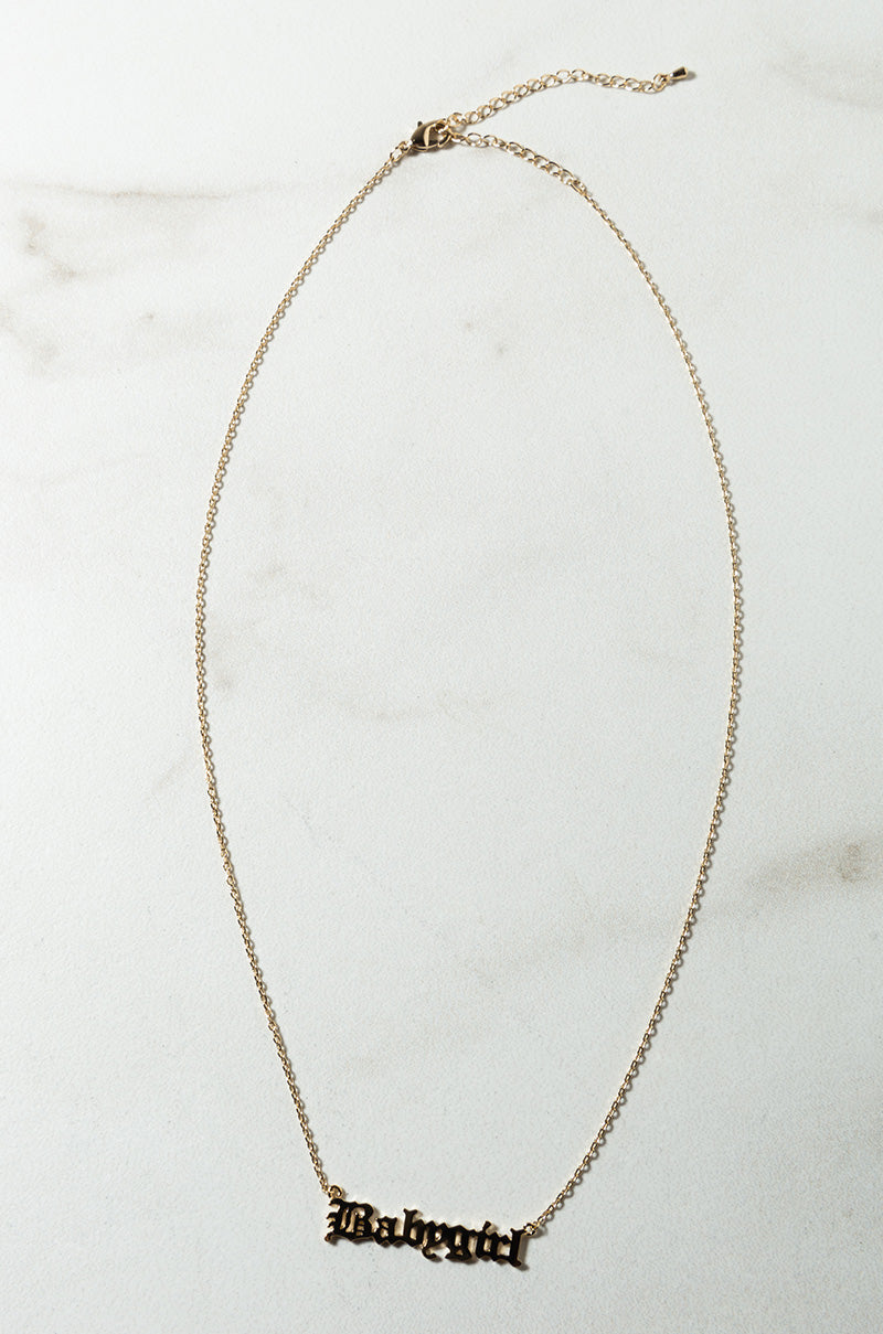 Side View Babygirl Mid Length Nameplate Necklace in Gold