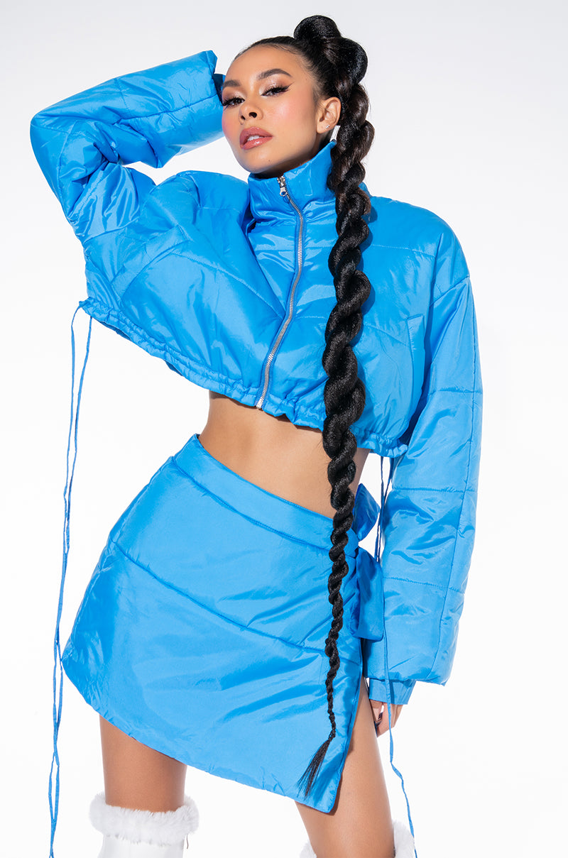 Side View Back Again Cropped Puffer Bomber