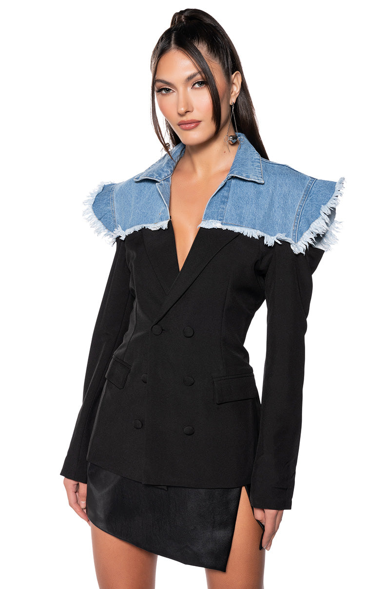 Front View Back To School Denim Blazer
