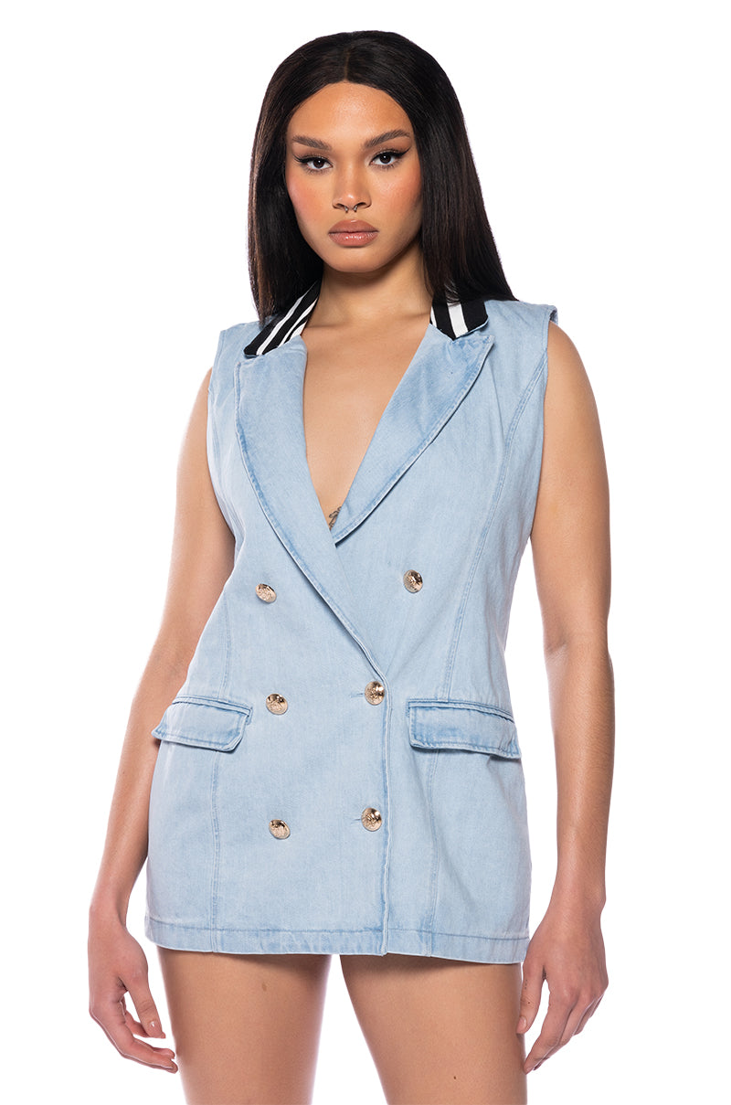 Front View Back To School Denim Varsity Vest