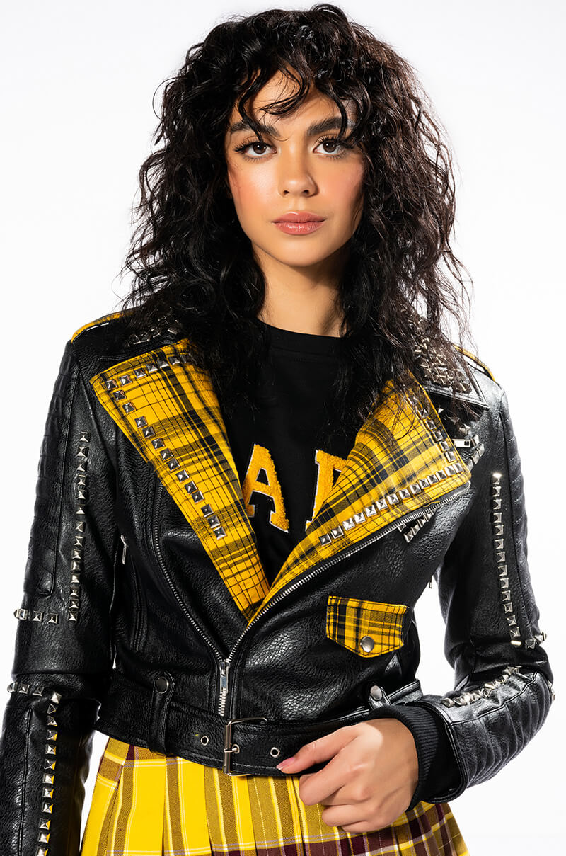 Front View Back To School Plaid Moto Jacket