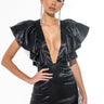 Front View Backoff Power Shoulder Satin Mini Dress