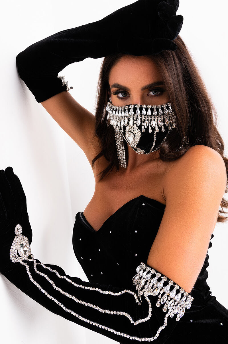 Front View Bad Bitch Alert Velvet Rhinestone Gloves in Black