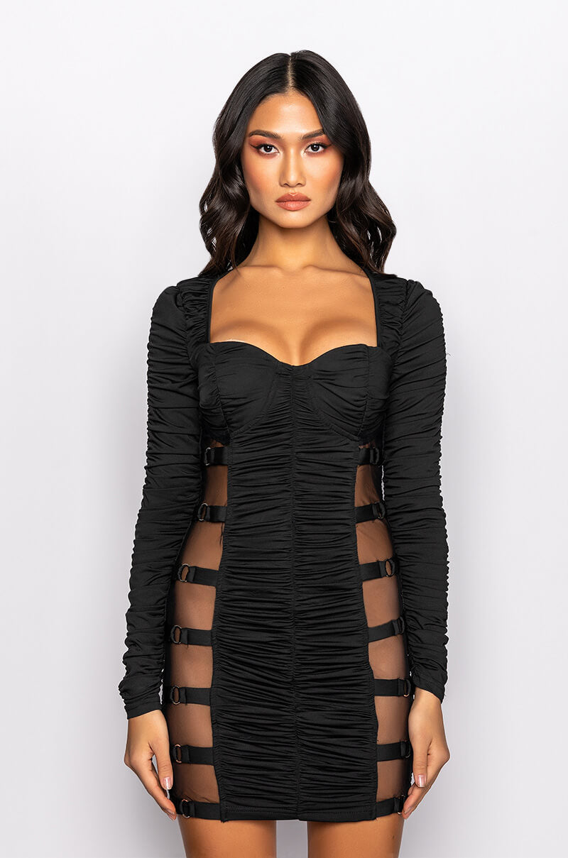 Back View Bad Gal Ruched Cutout Side Bodycon Mini Dress