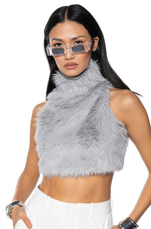 BAD GAL SLEEVELESS MOCK NECK FUR TOP – AKIRA
