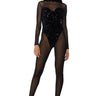 Front View Bad Girl Sequin Mesh Jumpsuit In Black