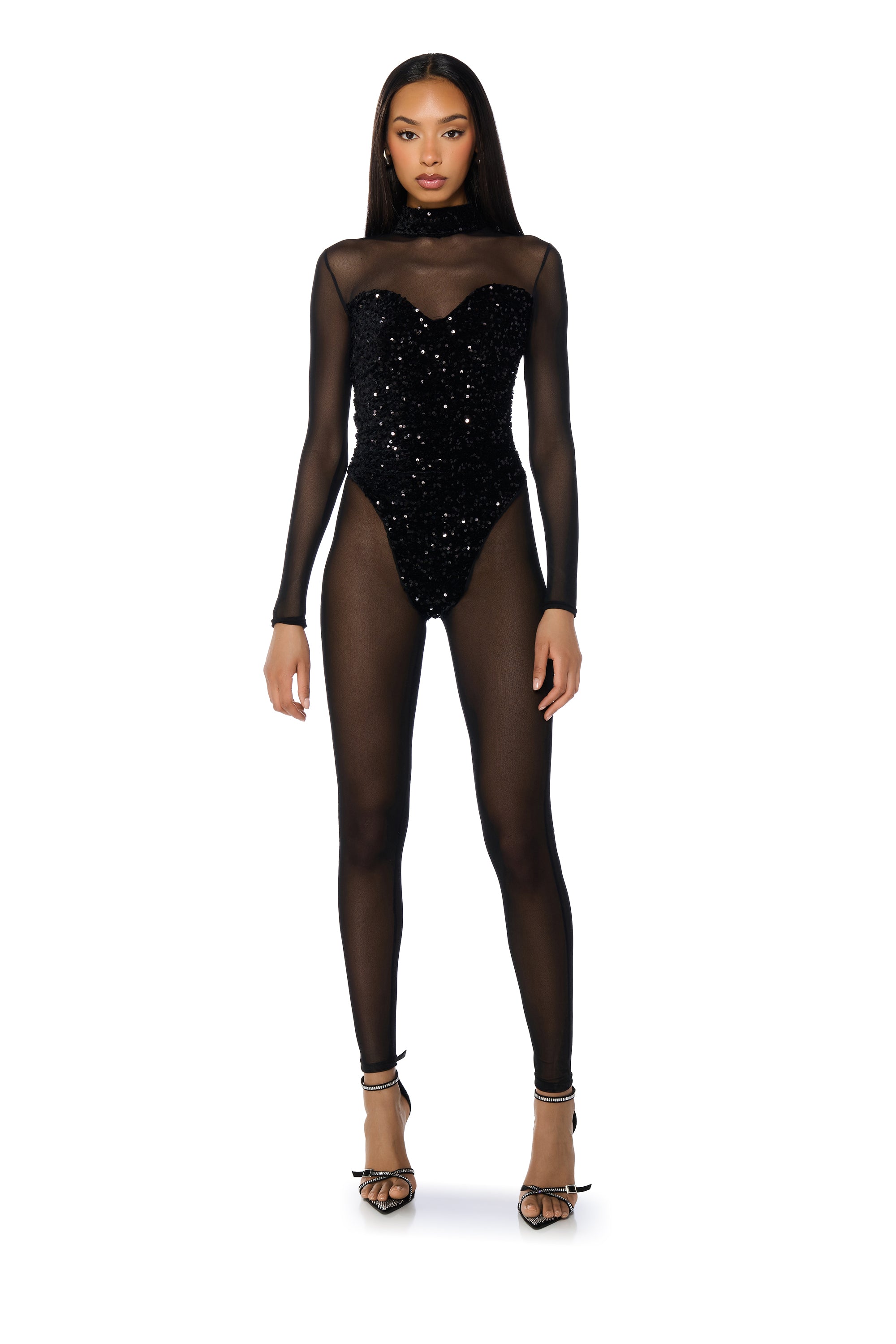 Extra View Bad Girl Sequin Mesh Jumpsuit In Black