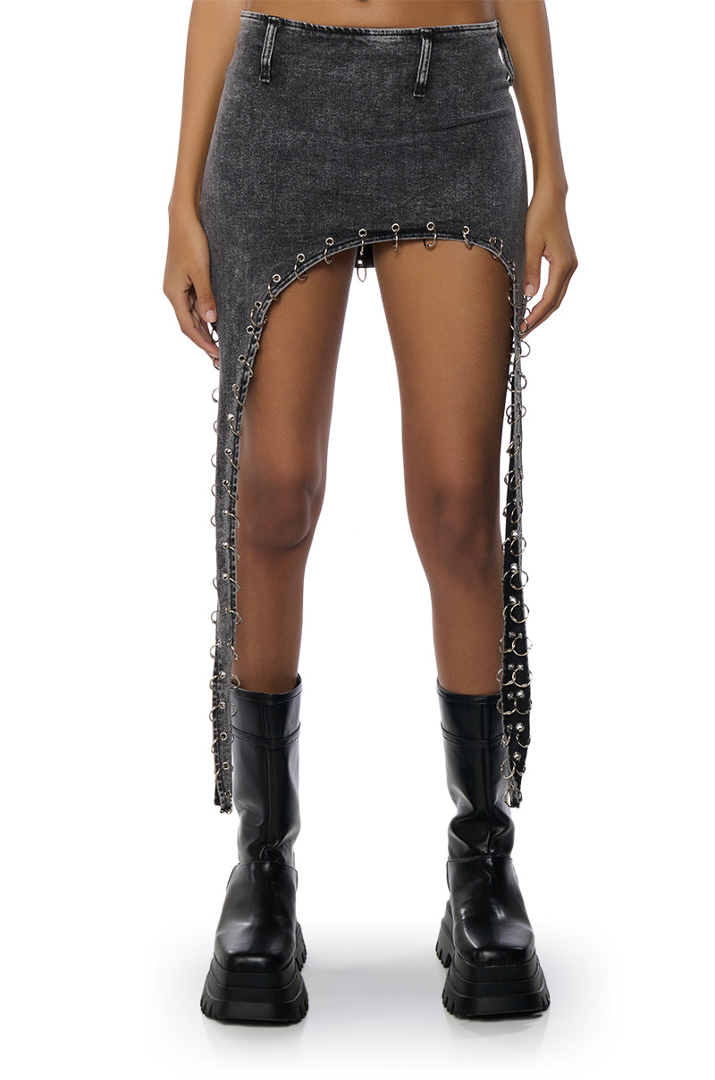Front View Bad To The Bone Dark Denim Mini Skirt