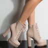 Front View Badass Platform Lace Up Bootie in Nude Patent