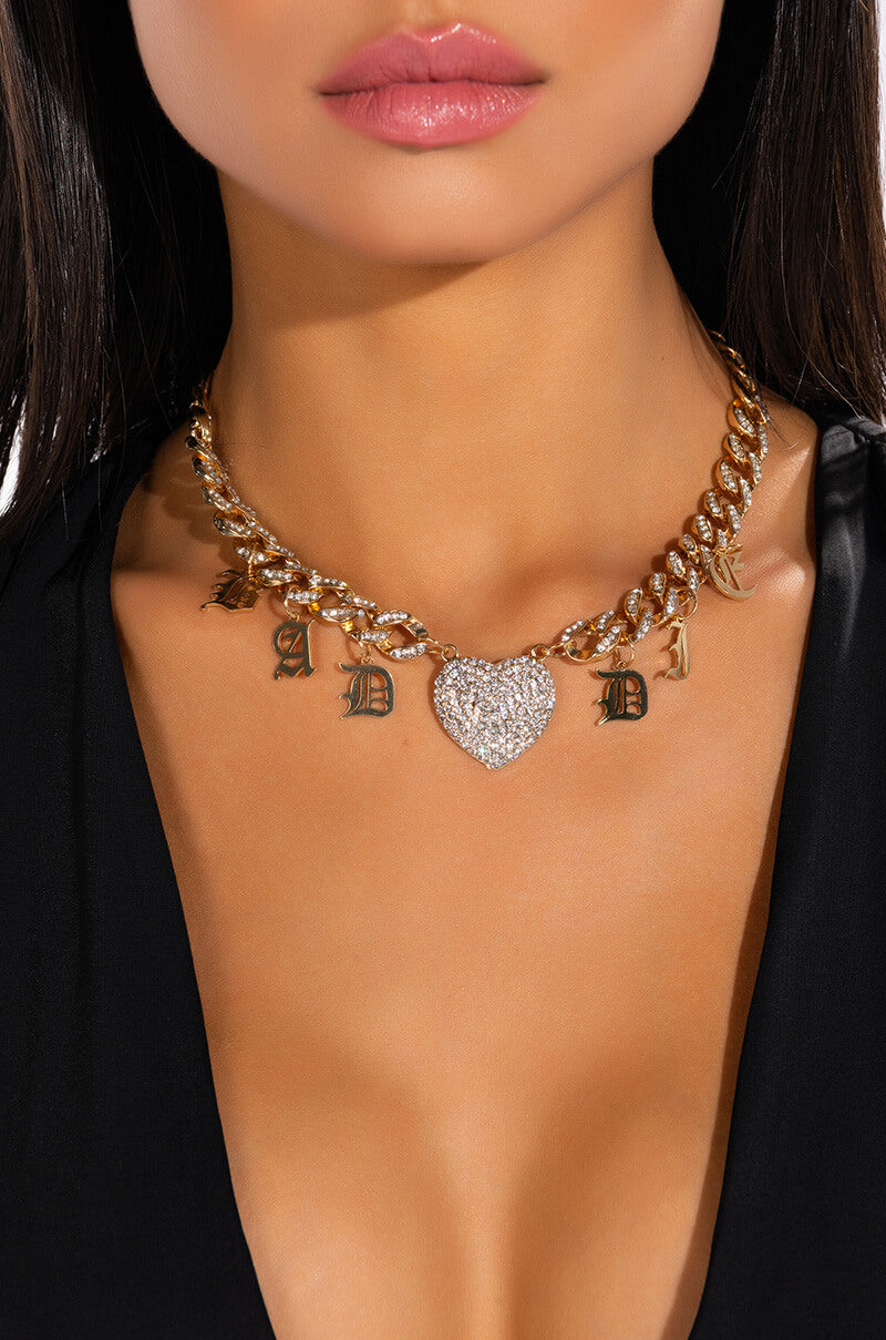 Front View Baddie Babe Rhinestone Charm Necklace