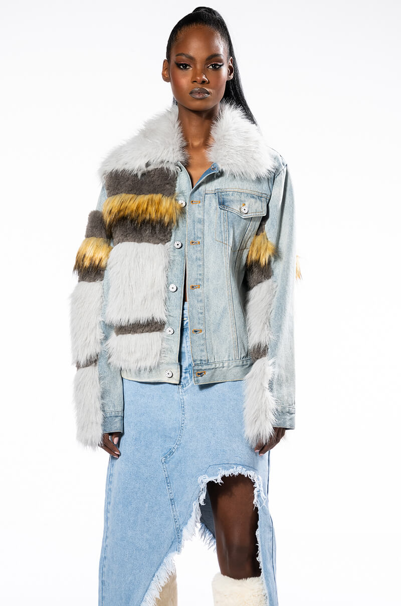 Detail View Baddie Status Faux Fur Jean Jacket
