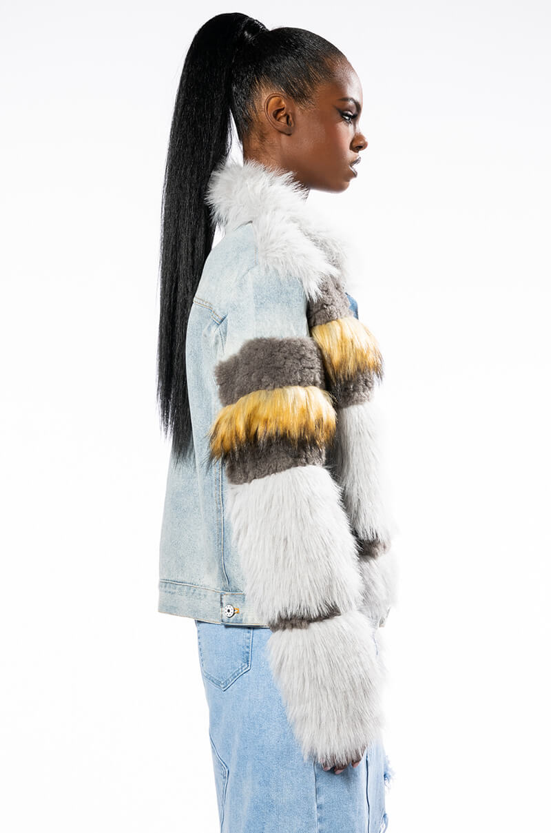 Extra View Baddie Status Faux Fur Jean Jacket