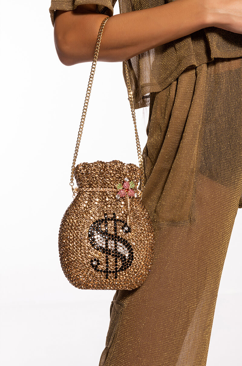 Front View Bags Of Money Blinged Clutch