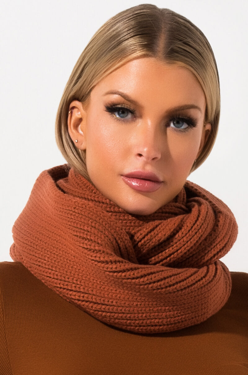 Front View Bailee Knit Infinity Scarf in Hazelnut