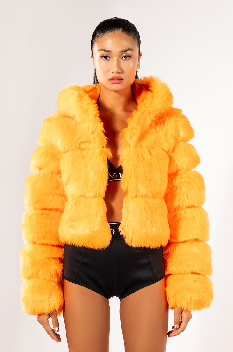 Back View Bape Orange Faux Fur Jacket