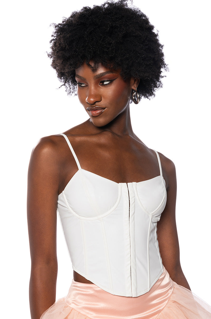 Front View Be About It Sleeveless Faux Leather Corset