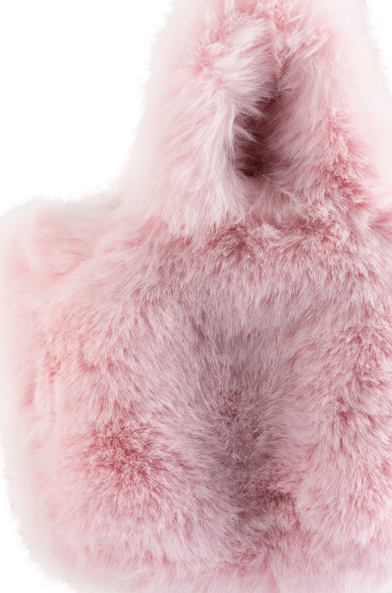Detail View Bear Hug Faux Fur Mini Tote Bag In Light Pink