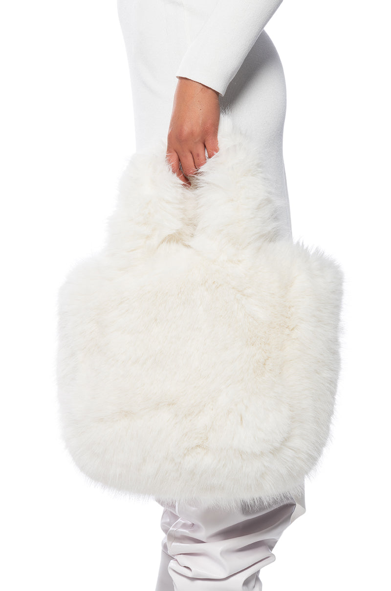 Front View Bear Hug Faux Fur Mini Tote Bag