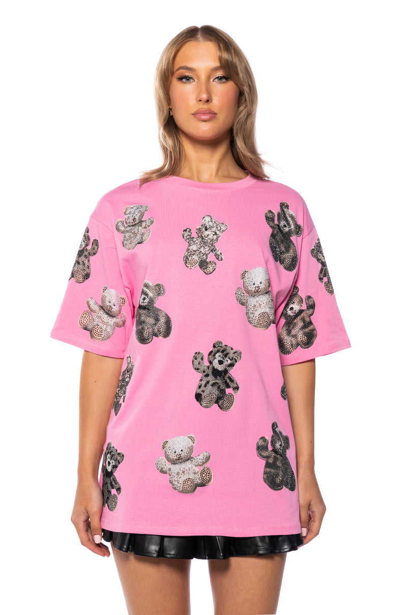 Side View Bear With Me Embellished Tee In Pink