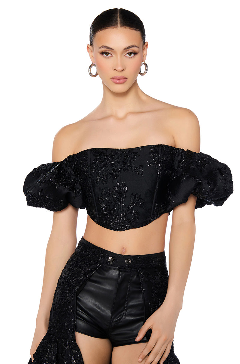 Front View Beatrix Brocade Off Shoulder Puff Sleeve Corset