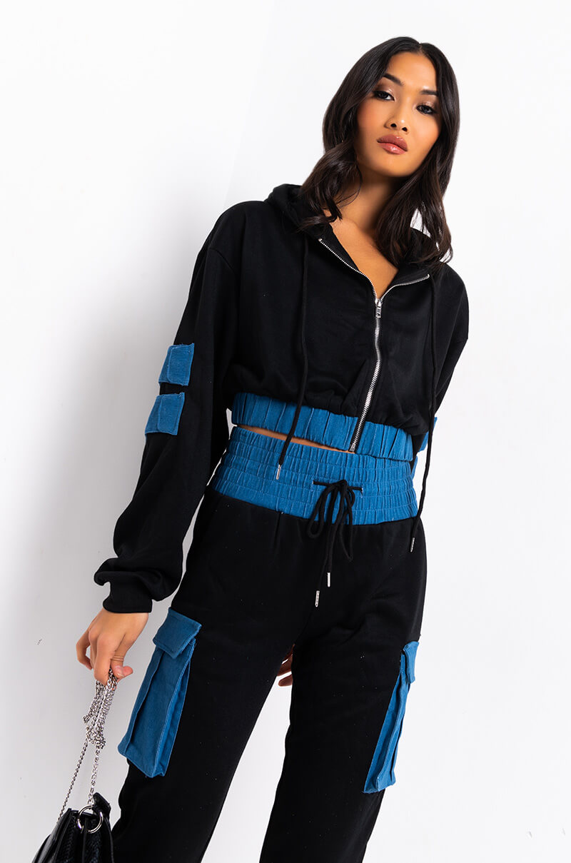 Front View Beatrix Denim Detail Sweatshirt in Black Multi