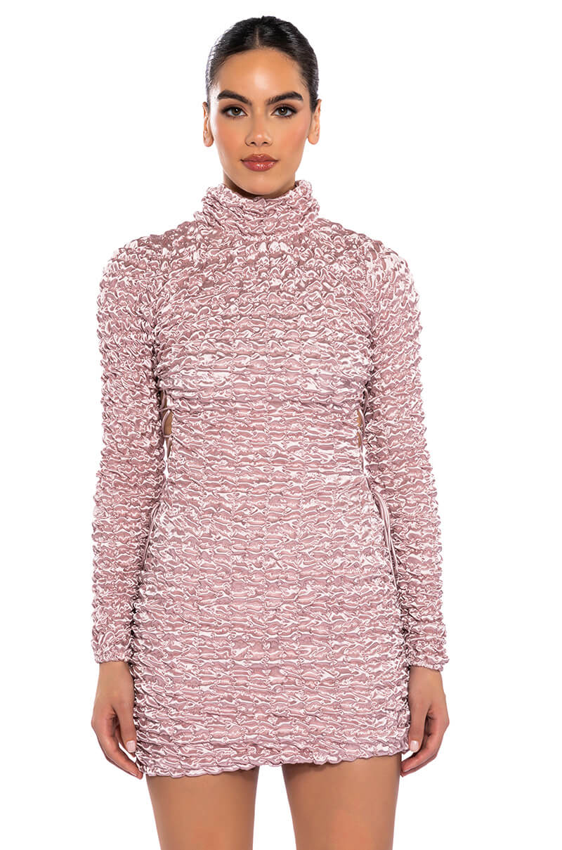 Front View Beautiful Soul Bubble Stretch Long Sleeve Mini Dress