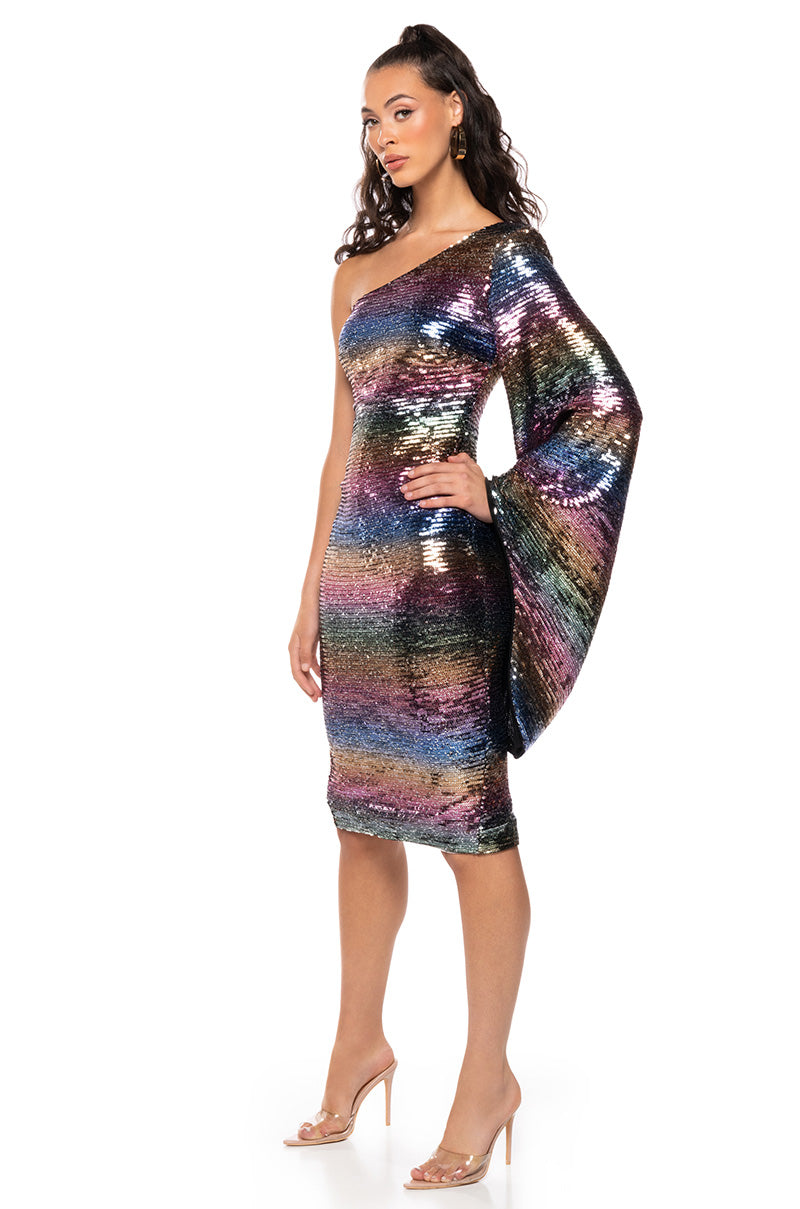 Side View Beauty In Color One Shoulder Sequin Midi Dress view 2