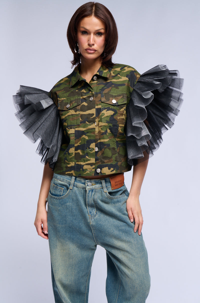 BEBE LUX TULLE SHOULDER CAMO VEST view 0