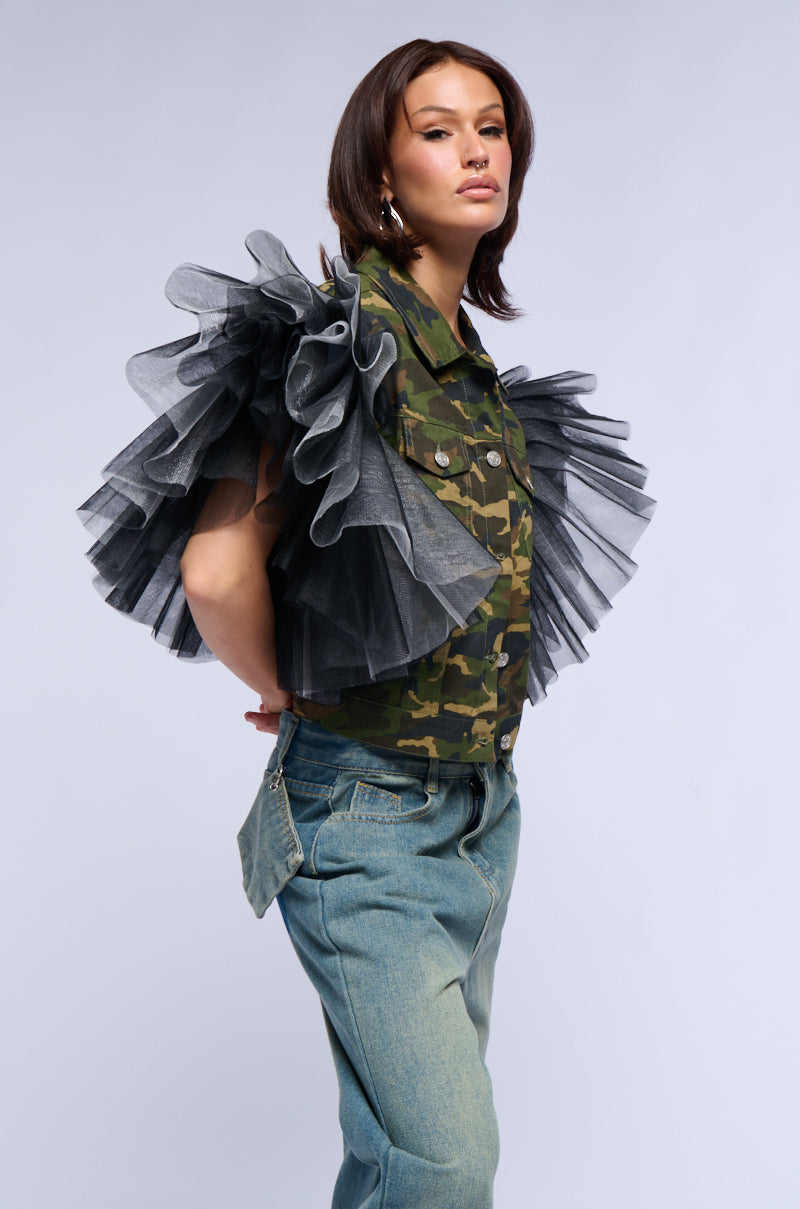 Side View Bebe Lux Tulle Shoulder Camo Vest