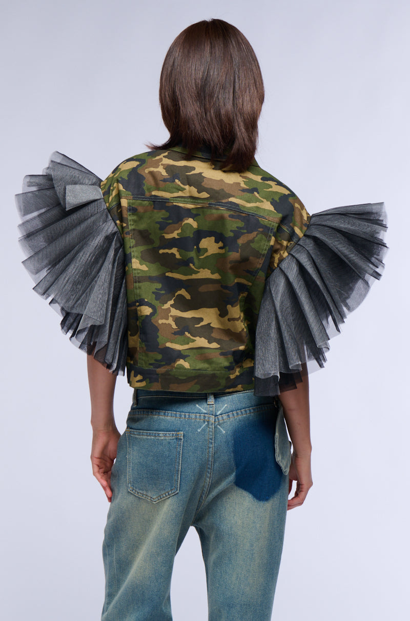 Detail View Bebe Lux Tulle Shoulder Camo Vest