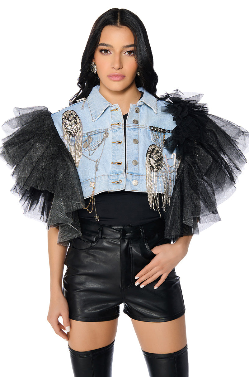 BEBE LUXE EMBELLISHED DENIM AND TULLE CROP VEST view 0