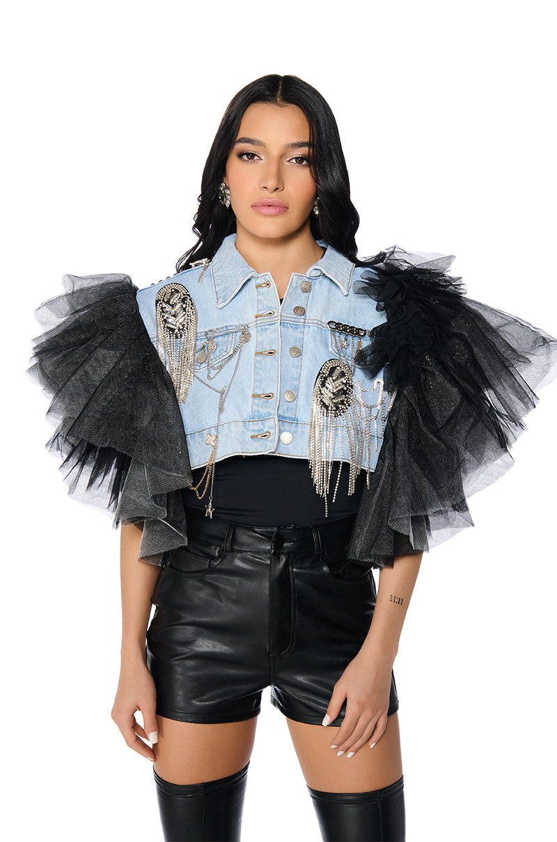 Side View Bebe Luxe Embellished Denim And Tulle Crop Vest