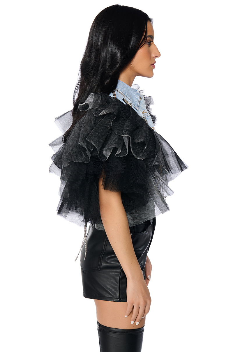 Detail View Bebe Luxe Embellished Denim And Tulle Crop Vest