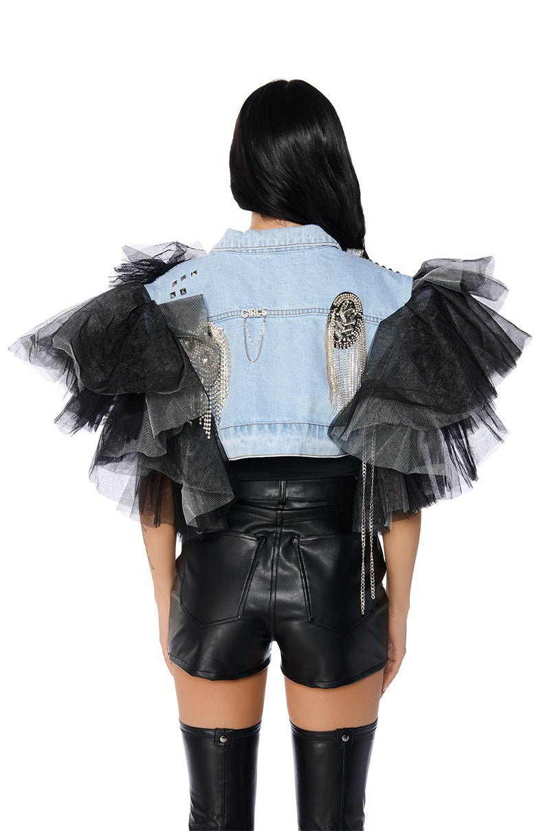 Full View Bebe Luxe Embellished Denim And Tulle Crop Vest