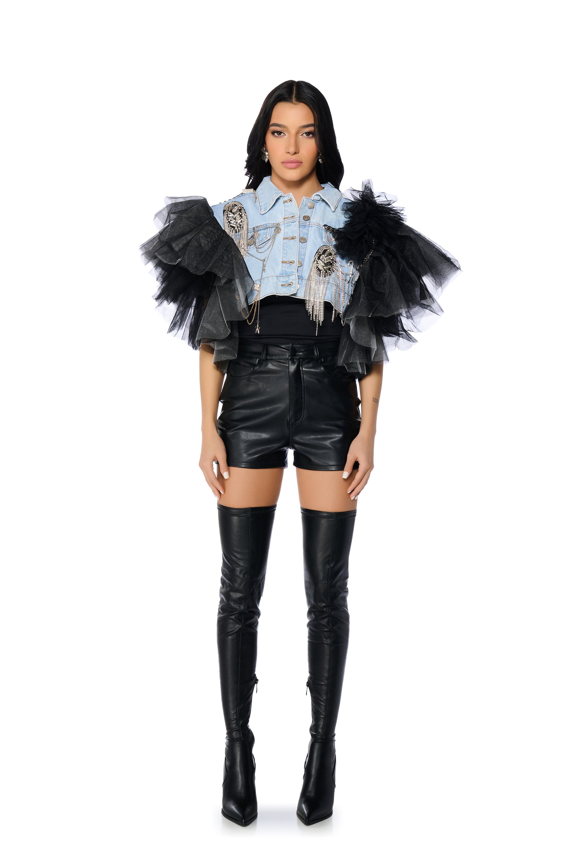 Extra View Bebe Luxe Embellished Denim And Tulle Crop Vest
