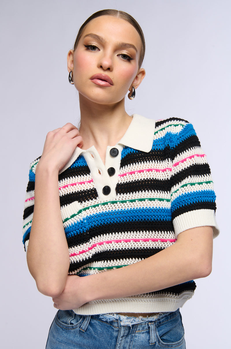 Front View Bee Stripe Knit Short Sleeve Sweater