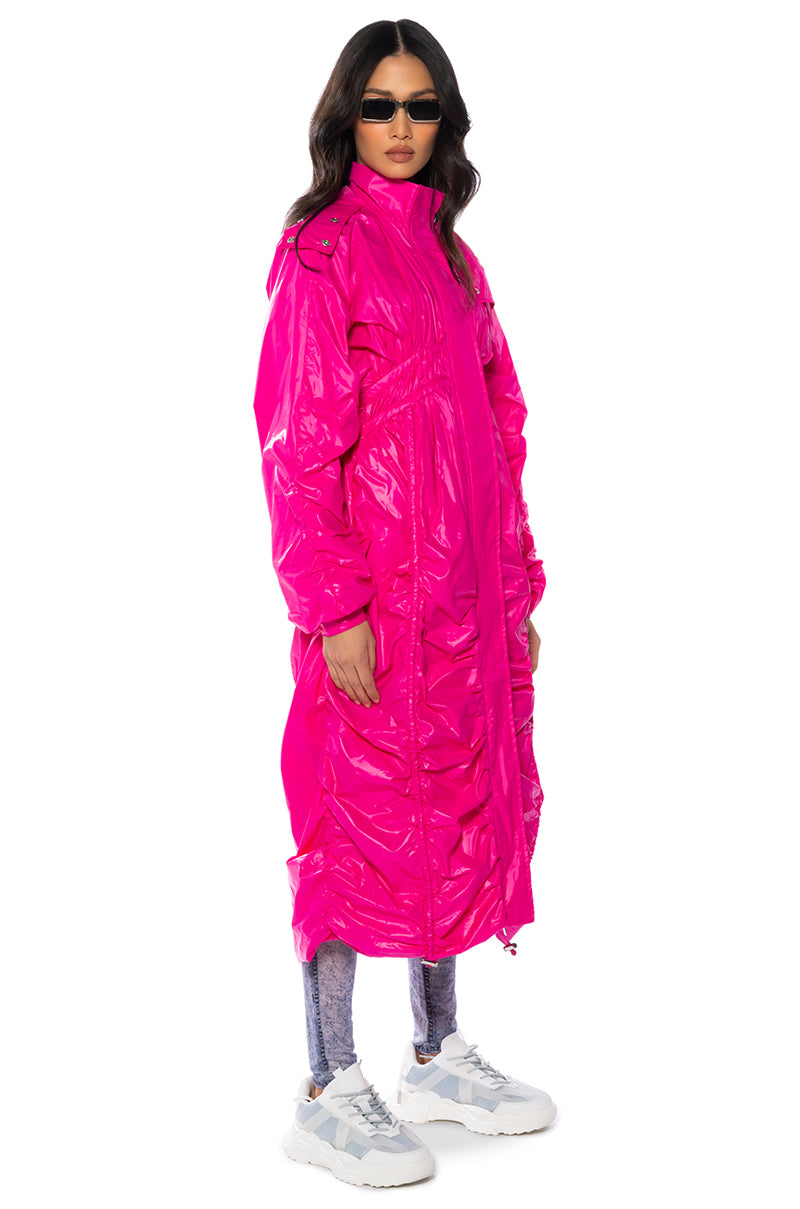 Front View Beetroot Swishy Ruched Trench