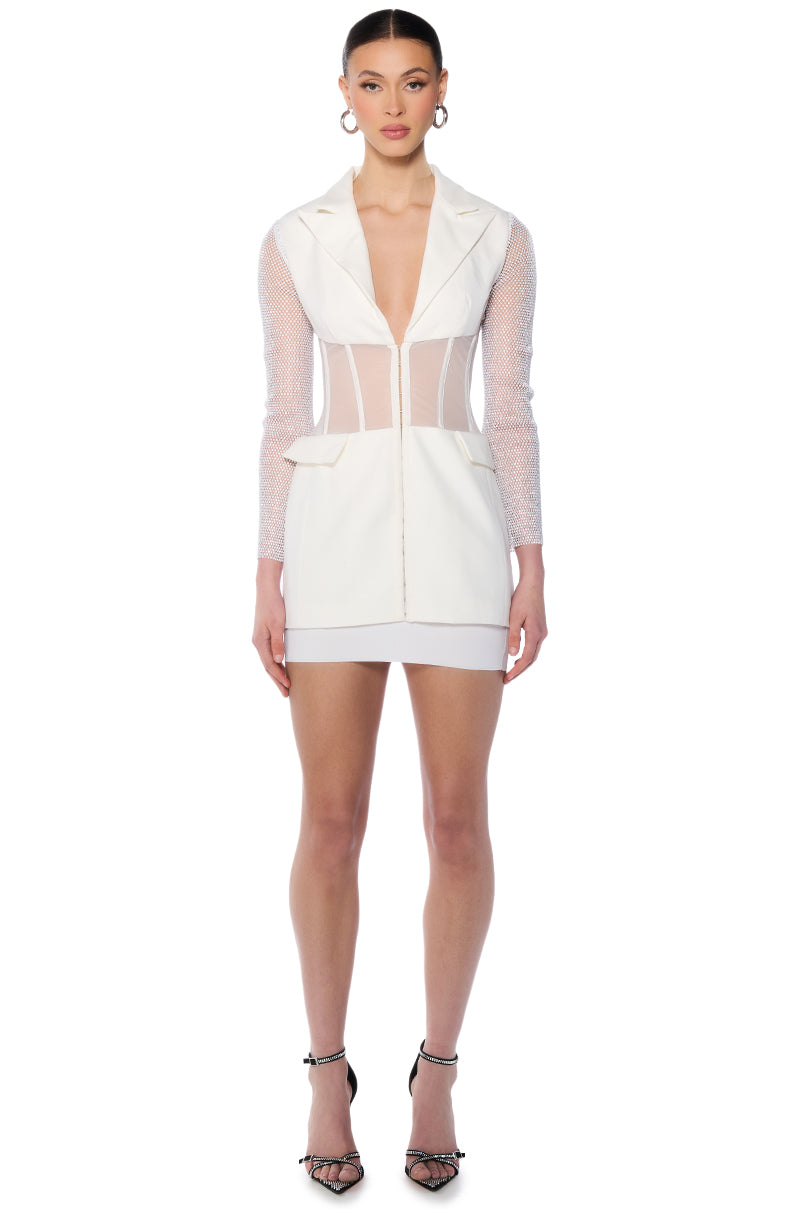 BEIBS IN THE TRAP CORSET BLAZER DRESS WITH RHINESTONE SLEEVES AKIRA BEIBS IN THE TRAP CORSET BLAZER DRESS WITH RHINESTONE SLEEVES AKIRA