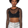 Front View Bejeweled Long Sleeve Mesh Top