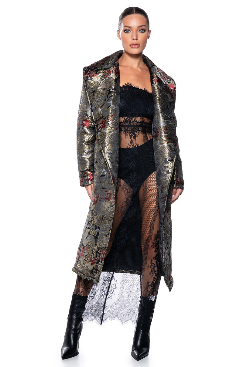Front View Bel Canto Brocade Trench Coat